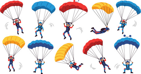 Skydiving Parachutist Cartoon Character Set with Colorful Parachutes, Freefall Poses, Extreme Sport Adventure, and Aerial Action Vector Illustration © MstBobita