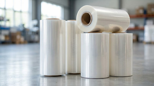 Rolls of clear stretch wrap film stacked in a warehouse for packaging and shipping goods.