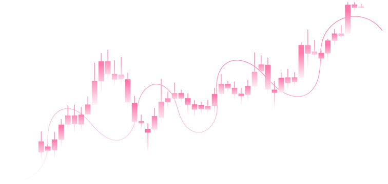 Bullish candlestick chart with rising trend and pink gradient candles with indicator line isolated on transparent background