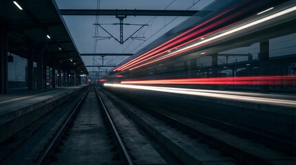Dynamic Train Light Trails at Modern Station at Dusk