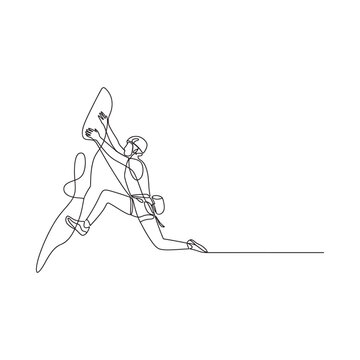 A continuous line drawing depicts a rock climber in mid ascent showcasing dynamic movement