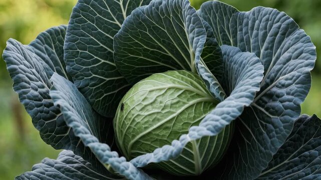 Cinematic view showcases a vibrant green cabbage head, its leaves unfurling under soft, natural light. Perfect for agriculture, food, or healthy lifestyle themes.
