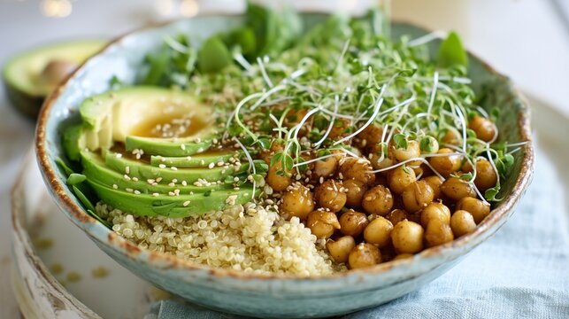A vibrant and nutritious bowl featuring fluffy quinoa, hearty chickpeas, creamy avocado, and fresh sprouts is artistically presented on a light-colored table