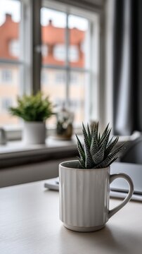 Small plant grows in a white mug beside window in a cozy room with bright morning light and soft colors