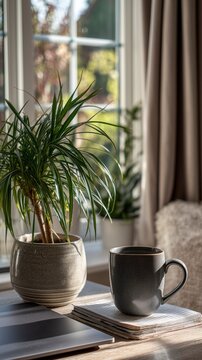 Morning coffee and indoor plants sit on a table by the window in a cozy room with sunlight streaming through the glass