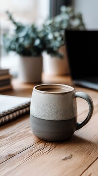 Enjoying coffee in a cozy workspace with a laptop, notebook, and plants on a sunny day near the window