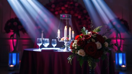 Rich burgundy and deep blue gentle soft light on wedding decor, arrangement, and bouquet, exuding luxury with diffused shadows and subtle illumination