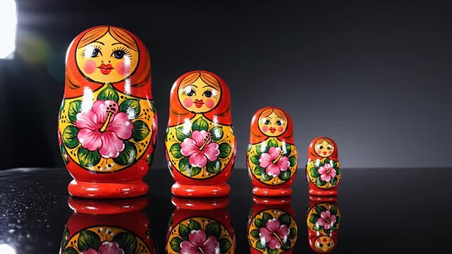 Beautiful Russian nesting dolls in a row, vibrant colors and floral design.