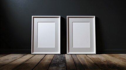 Two Empty White Picture Frames Leaning Against a Dark Wall on a Wooden Floor.