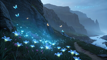 Bioluminescent flowers blooming beside misty rocky cliff with glowing butterflies and turquoise river at dusk