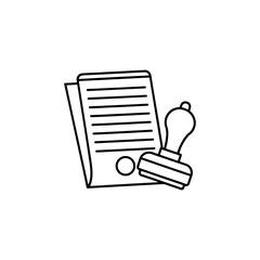 Official Document and Stamp Line Icon - Legal Contract Approval Symbol, Minimalist Outline Vector...