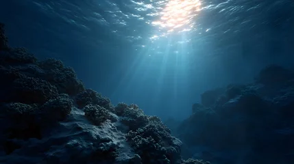 Wandcirkels Koraalriffen Sunlight streams through clear blue ocean water illuminating coral reefs and the seabed below in a serene underwater vista  © Wuttichai