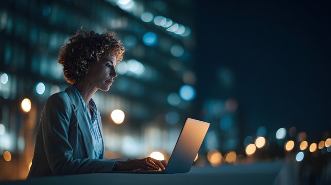 Woman working on laptop at night with city lights in background.