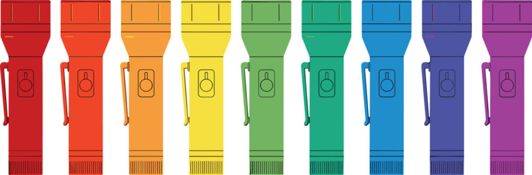 Row of colorful flashlights in rainbow spectrum, identical design with varied shades, concept illustration for diversity, color theory, and inclusivity