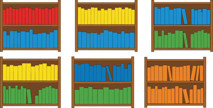 Six wooden bookshelves with colorful books arranged in patterns, educational illustration for learning, organization, decoration, and cognitive development themes