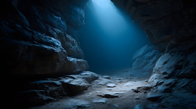 A dramatic beam of ethereal blue light illuminates the rough rocky interior of a deep mysterious cave creating a serene and atmosphere