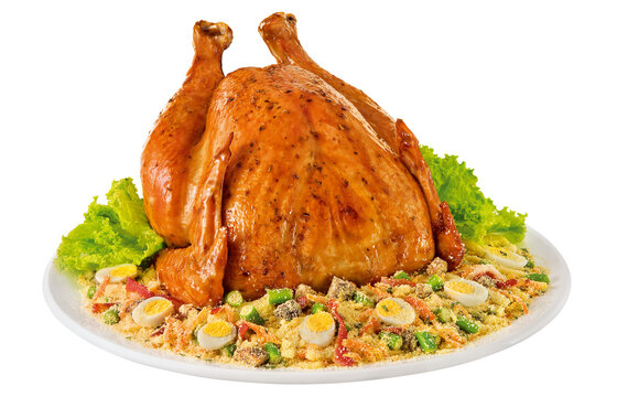 Peru de Natal assado com farofa tradicional e ovos de codorna isolado em fundo transparente