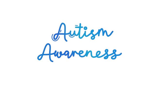 Autism Awareness text word One line continuous animated typography intro outro animation video, hand drawn calligraphy monoline lettering vintage single line handwriting blue type on white background