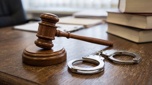 Gavel, handcuffs, and legal books representing justice system