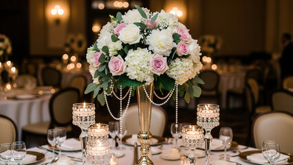 Luxurious wedding reception decor featuring a stunning floral centerpiece with soft lighting and elegant table settings