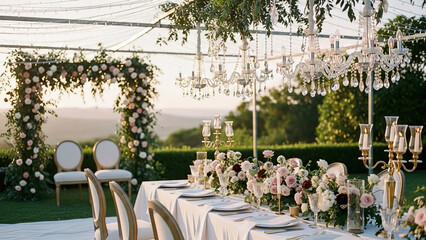 Luxurious garden wedding venue featuring long banquet tables, soft lighting, and romantic floral decor.
