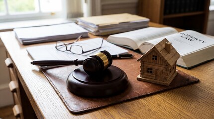 Legal gavel, property law book, and house model presenting real estate litigation