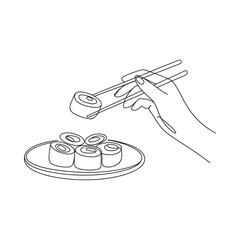 A simple line drawing depicts a hand using chopsticks to pick up sushi rolls © MSTMOUSUMI