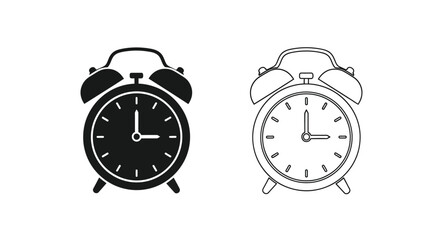 Two alarm clocks one solid black and one outlined showing different times