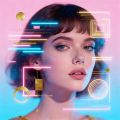 Modern Electro Pop Album Cover Art with Neon Geometric Shapes and Pink Blue Gradient Portrait