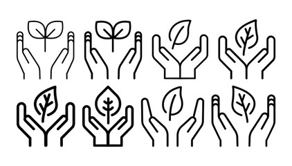 Fototapeta premium Eco Hands Icons Vector – Environmental Protection and Sustainability Symbols – Black and White Outline Icon Set for Ecology, Nature Care and Green Design