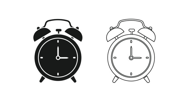 Two alarm clock illustrations one solid black one white outline