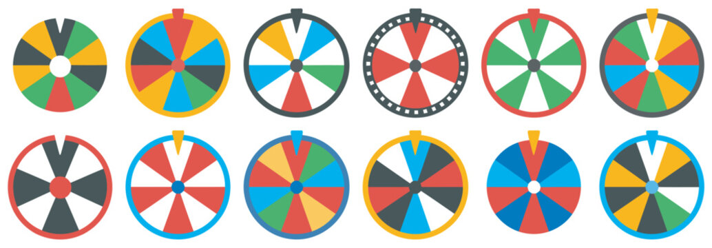 Game wheel vector set, multicolor prize wheels, reward sections, fun contest and raffle design, playful vector illustration, colorful game graphics