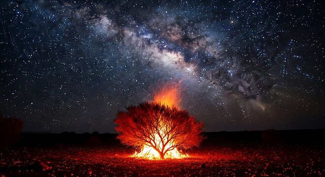 Burning tree under starry night sky with cosmic nebula and glowing fire