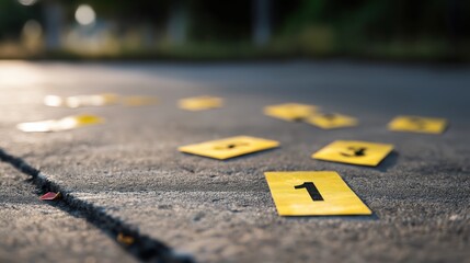 Yellow evidence markers scattered on pavement at crime scene  