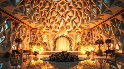 Intricate origami style, with epic amazing lens glow lighting on a modern, future grand scene depicting a wedding, luxury d&eacute;cor, an arrangement, and a bouquet at a massive scale