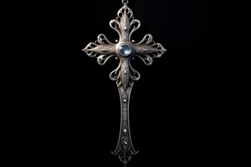 Obraz premium Ornate silver cross pendant decorated with filigree details and a light blue gemstone on black background