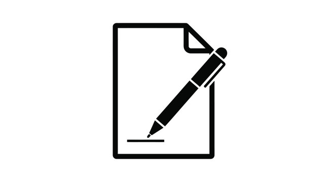 A simple black and white icon depicting a document and a writing pen