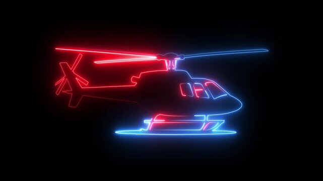 Red and Blue Neon Helicopter Icon Glowing Emergency Rescue Aviation Animation On Black Background