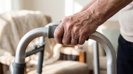 Elderly person's hands gripping walker for support