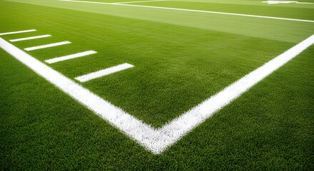 Obraz premium Vibrant green artificial turf of a sports field with crisp white yard lines and hash marks showcasing a close