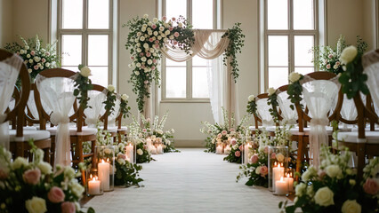 Beautifully decorated wedding aisle with white flowers, greenery, and soft natural lighting for romantic events.