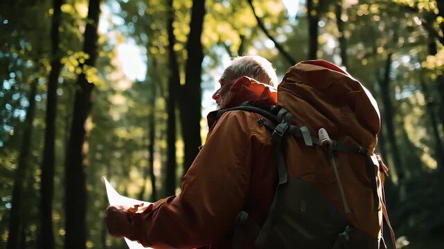 Explore adventure journey achievement outdoor in National Park. A man in a red jacket intently looking at a map while standing in a forest. The sun casts a warm, golden light on the scene.