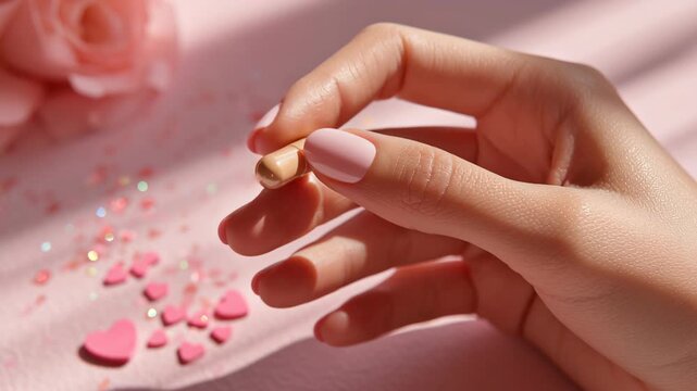 Hand holding pink capsule pill with heart shapes and rose on soft pink background, 4k video.
