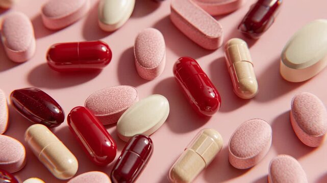 Multicolored capsule tablet pill medicine supplement scattered on pink surface showing various shapes textures soft light red pink, 4k video.