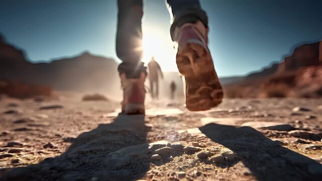 Explore adventure journey achievement outdoor in National Park. A person walking on a rocky path in the desert at sunset. The persons legs are visible, wearing hiking boots.