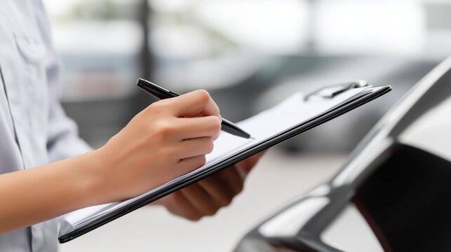 Person writing on clipboard while inspecting a car in the garage  