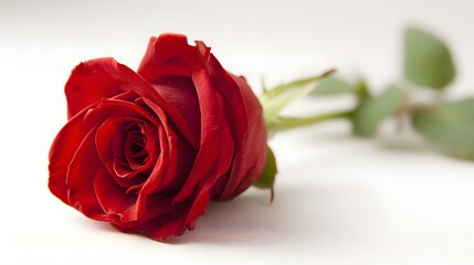 A Single Red Rose with Green Stem and Leaves on a White Background.