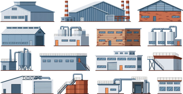 Industrial Factory Building Exterior Set with Warehouses, Manufacturing Plants, Chimneys, Pipes, Silos, and Industrial Architecture Cartoon Vector Illustration