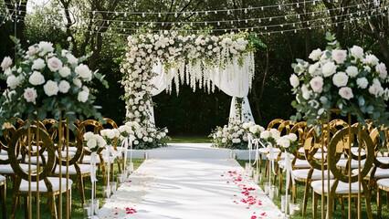 Beautifully decorated wedding aisle featuring a lush floral arch, white roses, and soft lighting for a dreamy ceremony