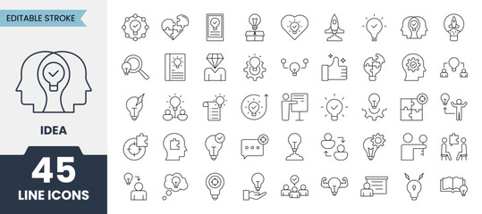 Idea line icons set with editable stroke. Containing lightbulb, brain, creative, brainstorming, solution, idea, thinking and more. Vector illustration